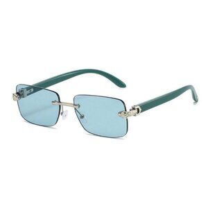 Mens Leopard Head Turquoise Tint Rimless Gold Frame Hip Hop Buffs Sunglasses